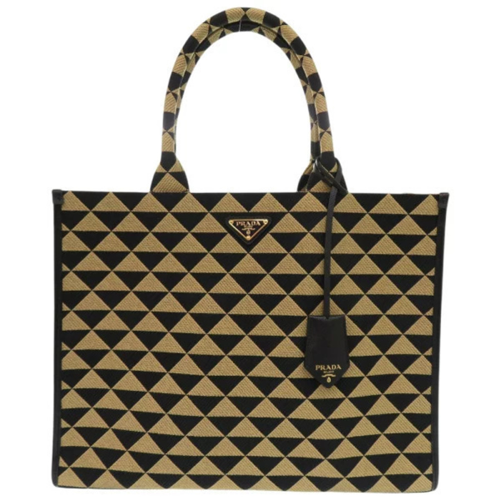 Prada Symbol Embroidery Handbag Leather Beige Cream Black